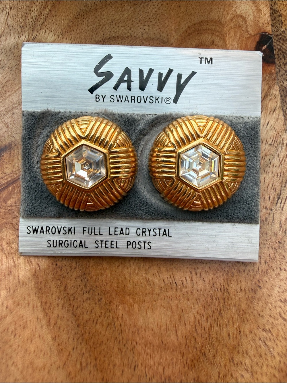 Savvy Gold Tone Button Earrings with Clear Swarovski Crystals